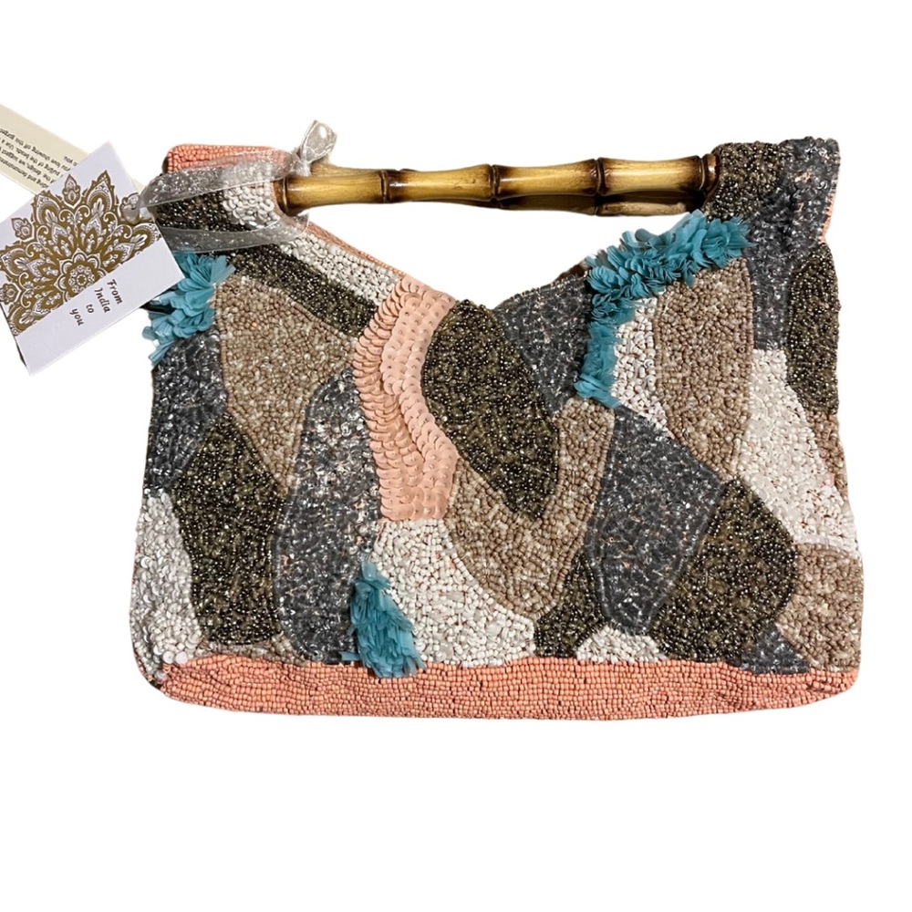 Multicolor Beaded Handbag with Bamboo Handle